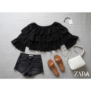 Zara Solid Black Ruffled Crop Top Sz. S